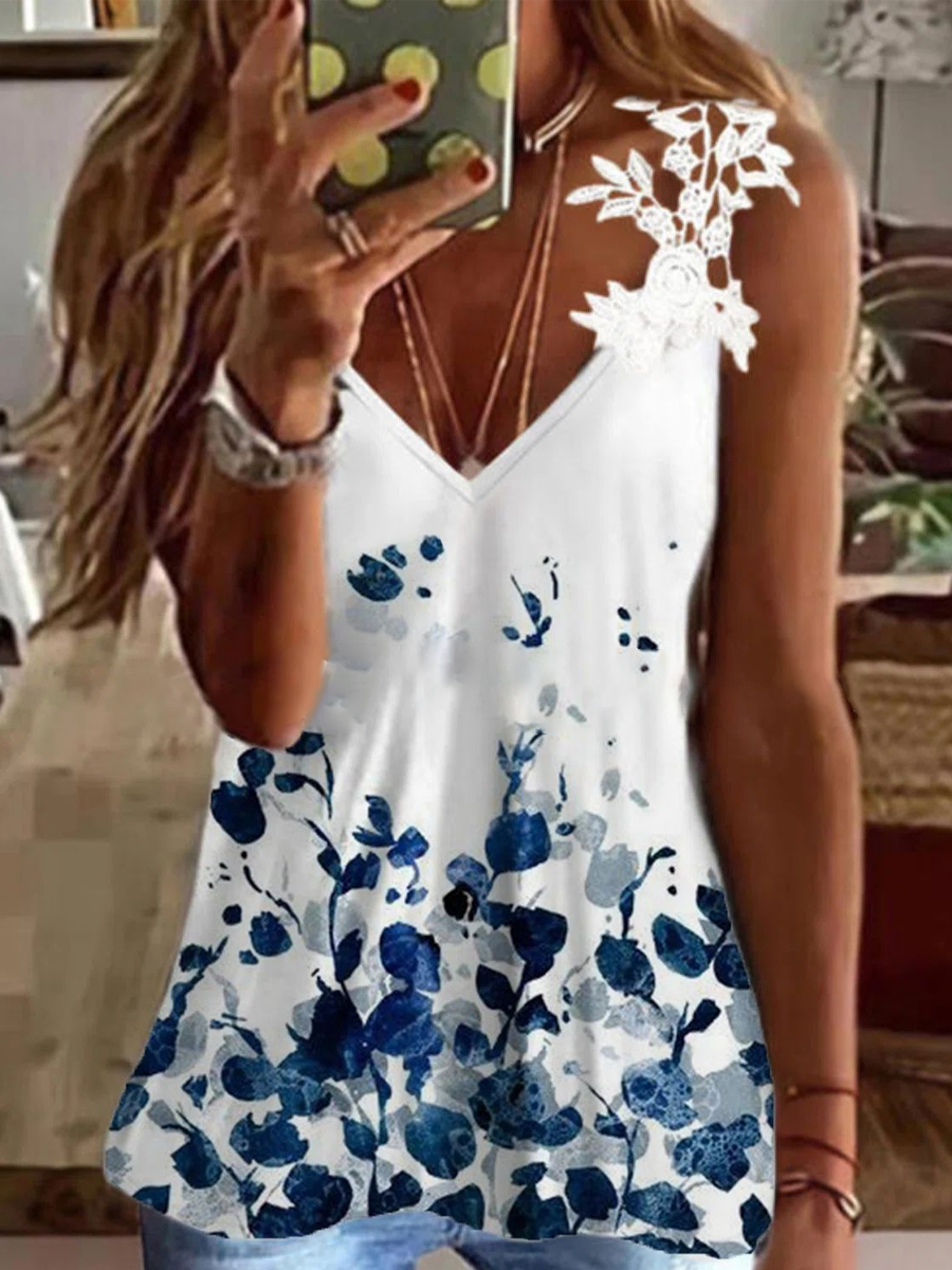 Casual Floral Print V Neck Lace Camisole