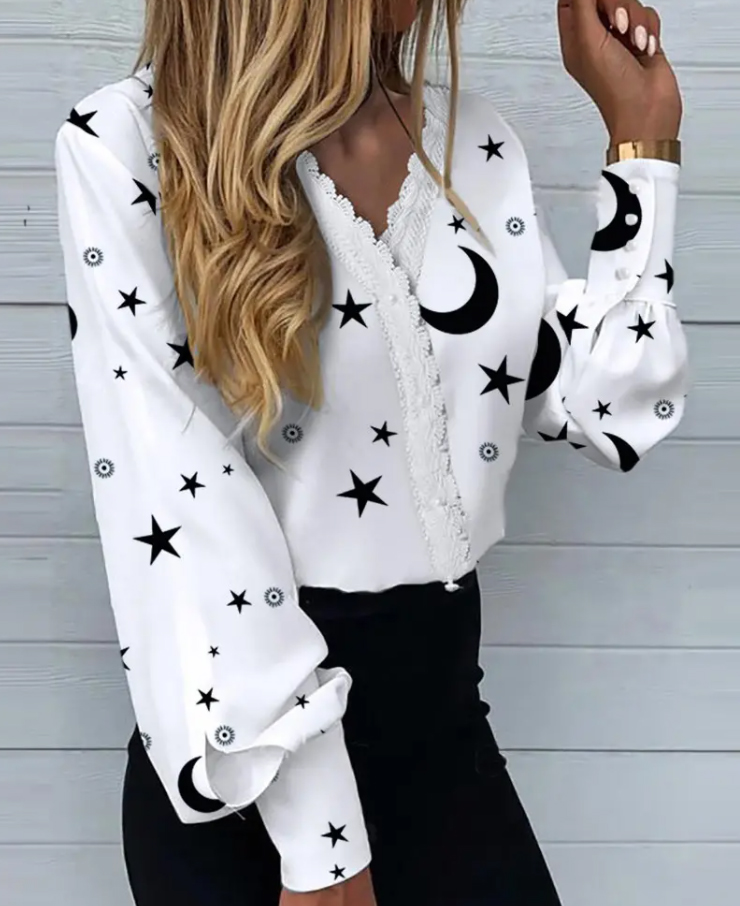 Women's Elegant V Neck Printed Lace Panel Shirt