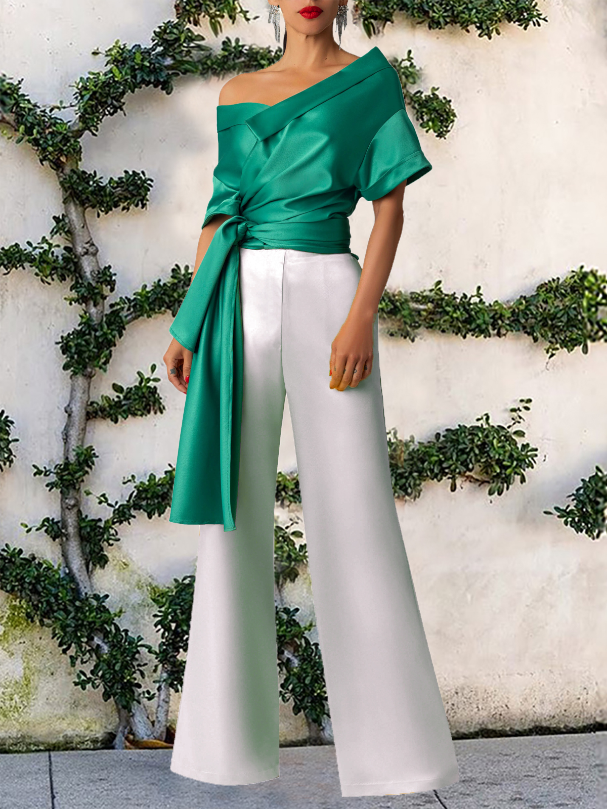 Satin Off shoulder Short Sleeve Belted Blouses