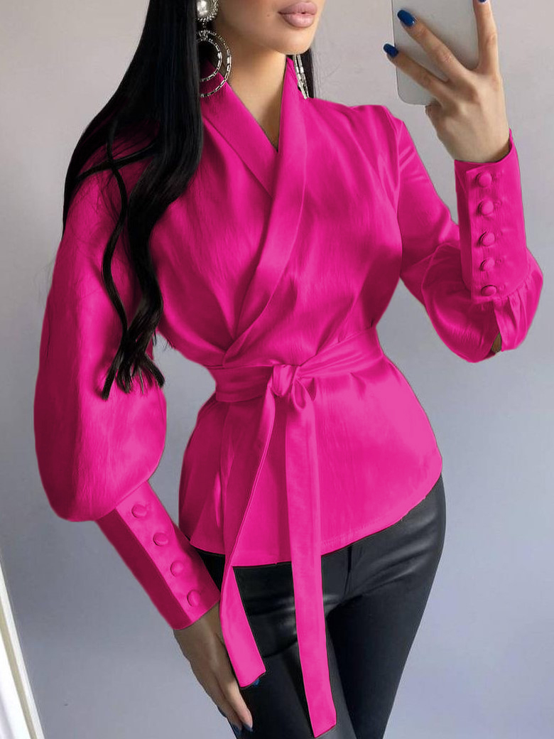 Women's Fashionable Rose Red Satin Waist Tie V neck Shirt