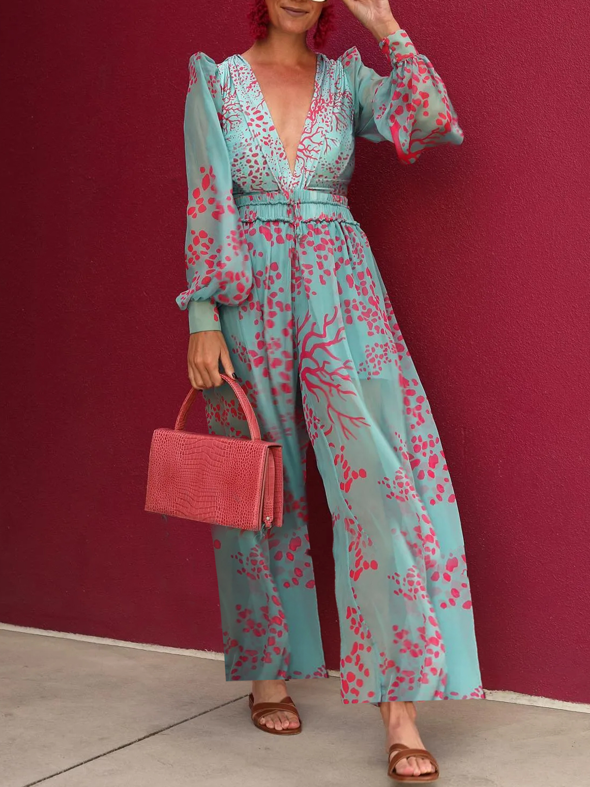 Floral Print V neck Long Sleeve Jumpsuit