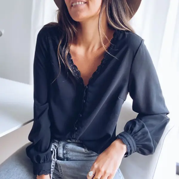 Womens Long Sleeve V-neck Solid Top - Leanarea.chimpone.com 