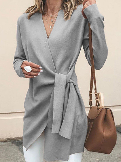 Deep V-Neck  Belt  Plain  Long Sleeve Trench Coats