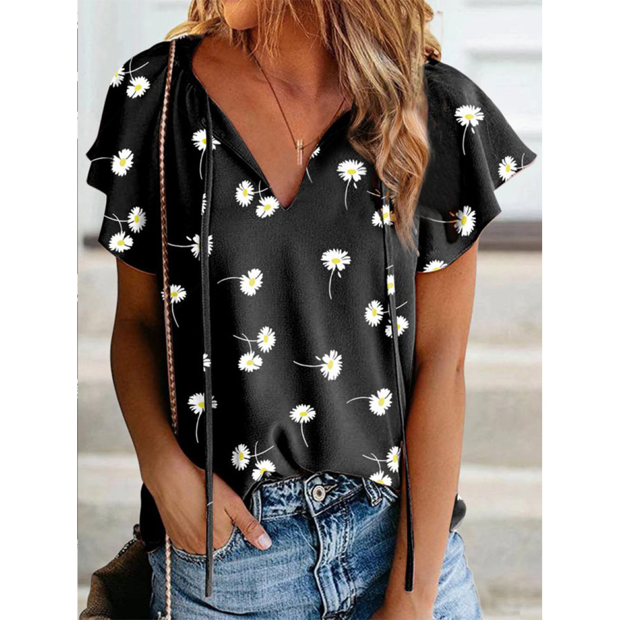 

V-neck And Flounce Sleeve Printed T-shirt For Women's Wear