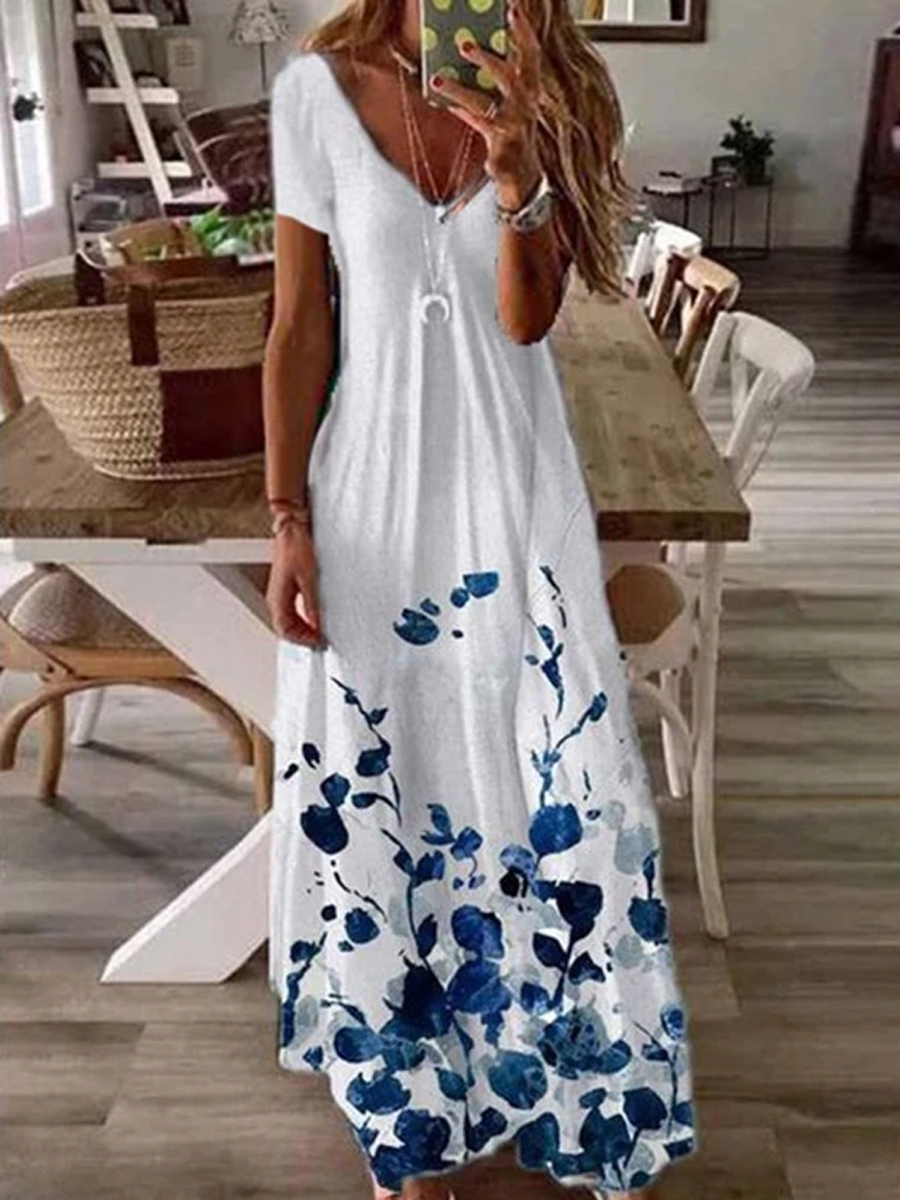 Womens Flower Print V neck Fashion Casual Maxi Dress