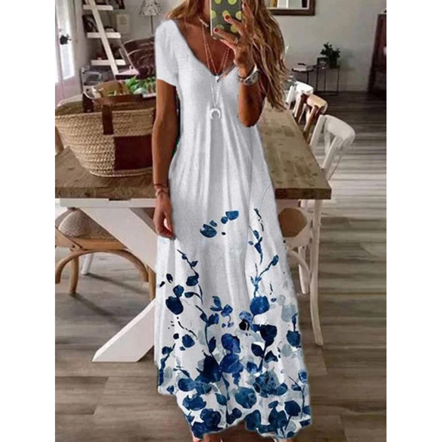 

Womens Flower Print V-neck Fashion Casual Maxi Dress