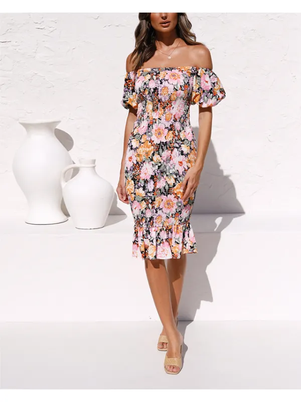 Women's One-shoulder Slim Ruffled Print Dress - Minicousa.com 