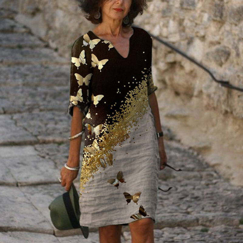 Fashion V neck Short sleeved Butterfly Print Dress