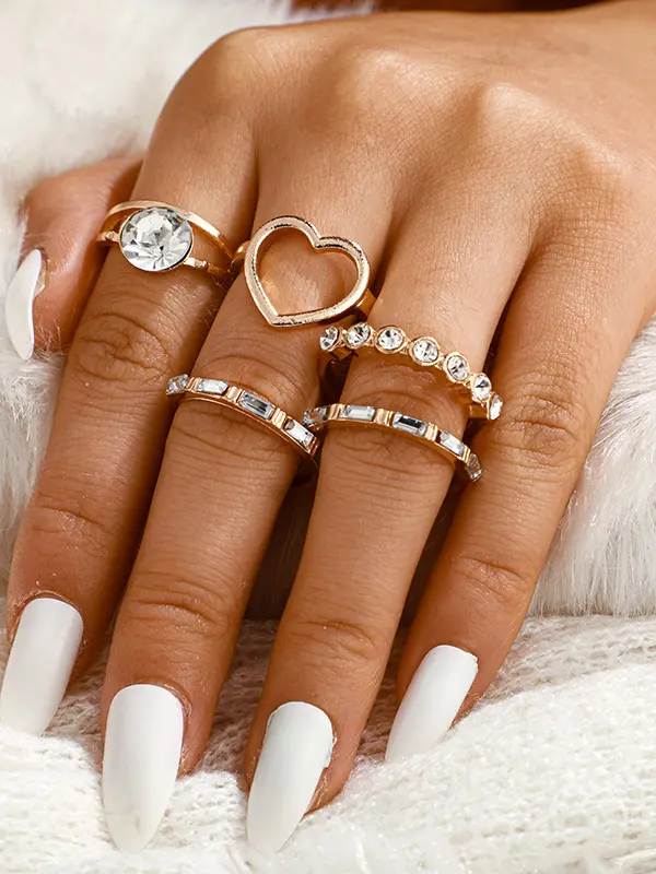 Simple and stylish ins style love heart zircon diamond heart ring set - Inkshe.com 