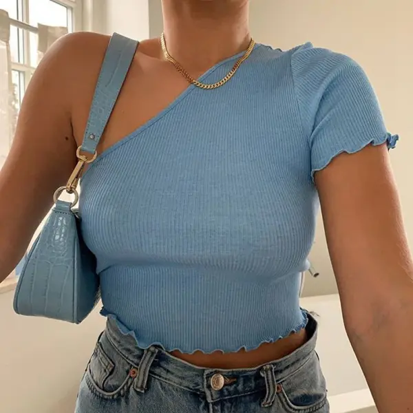 Slim-fitting fungus exposed navel shoulder short sleeve T-shirt - Leanarea.chimpone.com 