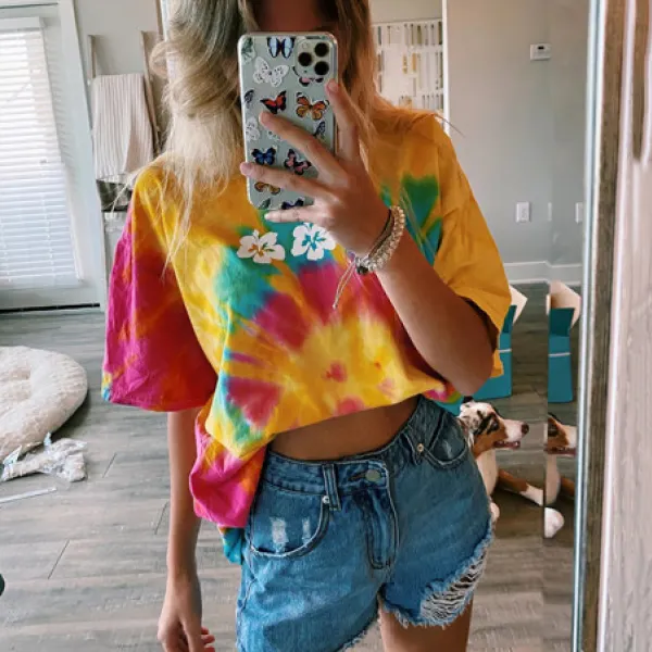 Short Sleeve Flower Tie Dye Tee - Leanarea.chimpone.com 