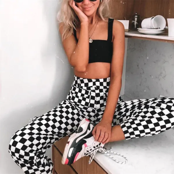 Black and white plaid cropped casual harem overalls - Leanarea.chimpone.com 