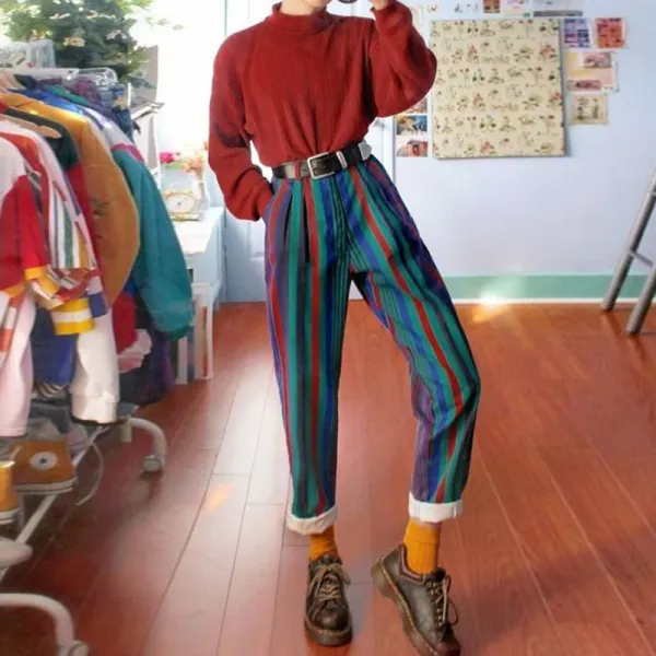 Fashion Dark Vertical Stripes Straight Trousers - Leanarea.chimpone.com 