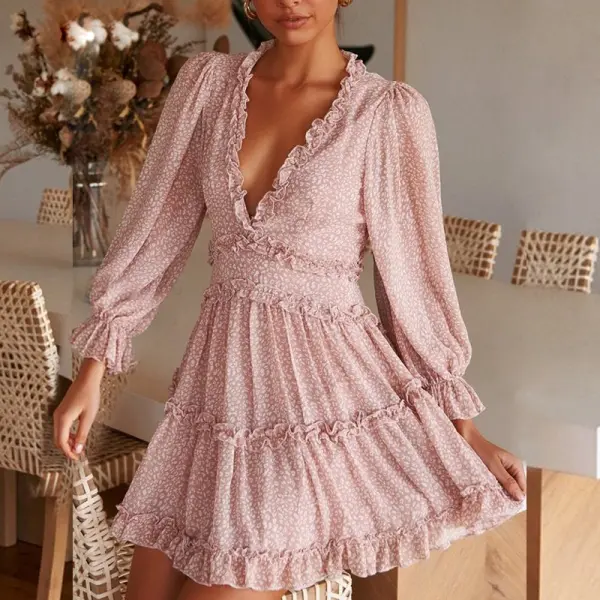 V-Neck Open Back Design Loose Casual Floral Mini Dress（Video） - Leanarea.chimpone.com 