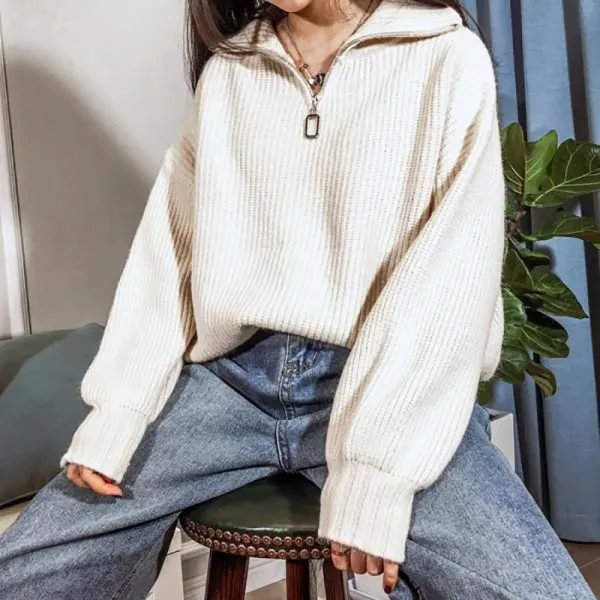 Women's Solid Color Half Zip Knit Sweater - Leanarea.chimpone.com 