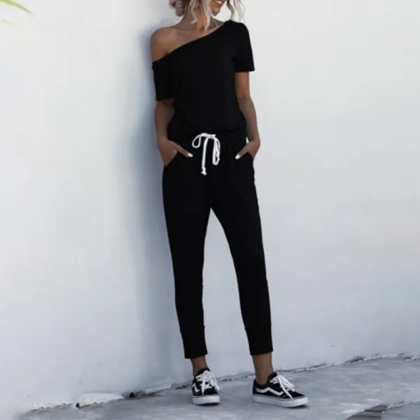 2020 spring and summer off-the-shoulder short-sleeved pockets with oblique shoulder strapless jumpsuit - Leanarea.chimpone.com 