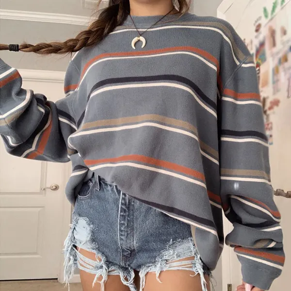 Casual Striped Round Neck Shoulder Sleeve Loose Sweatshirt - Leanarea.chimpone.com 