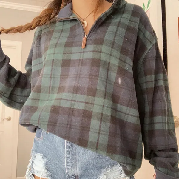 Fashion Vintage Plaid Zip Collar Long Sleeve Sweatshirt - Leanarea.chimpone.com 