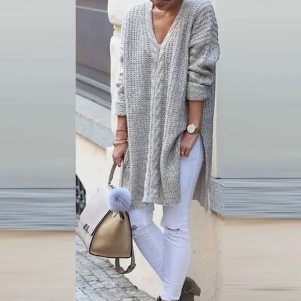 V-Neck Long-Sleeved Long Sleeve Sweater - Leanarea.chimpone.com 