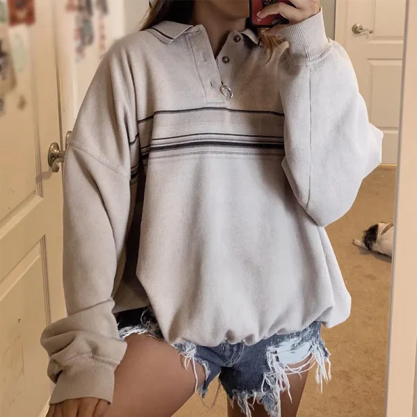 Fashion Stand Spricot Striped Zipper Long Sleeves Sweatshirt - Leanarea.chimpone.com 