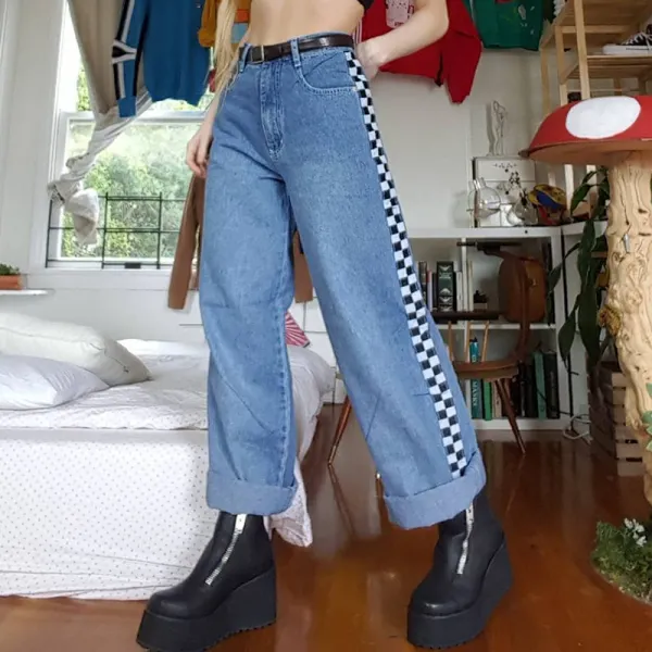 Women's Casual Color Matching Black And White Plaid Print Trousers - Leanarea.chimpone.com 