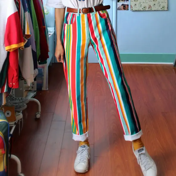 Women Fashion Popular High Rise Striped Straight Ankle Pants - Leanarea.chimpone.com 