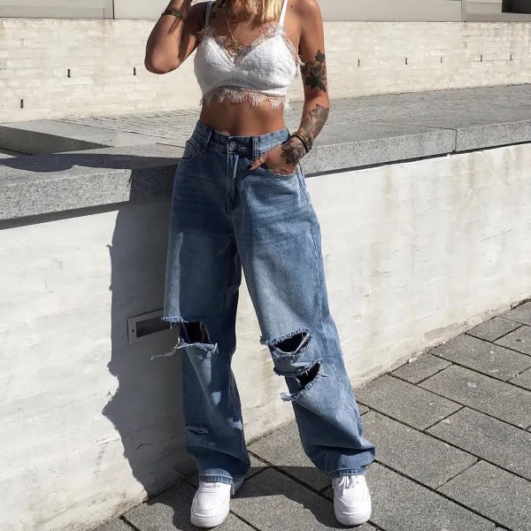 Street style button pockets solid color loose jeans - Leanarea.chimpone.com 