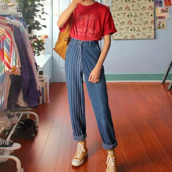 Fashion Vertical Striped Straight Denim Trousers - Leanarea.chimpone.com 