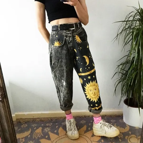 Women's casual moon stars sun print pants RS001 - Leanarea.chimpone.com 