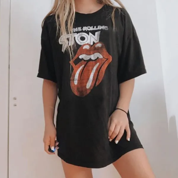 Women's Casual Big Red Lip Print Long T-Shirt - Leanarea.chimpone.com 