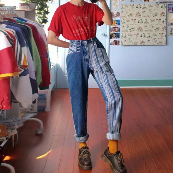 Fashion Stitching Striped Straight Jeans - Leanarea.chimpone.com 