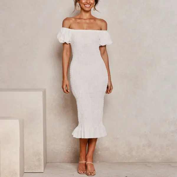 Off-the-shoulder slim-fit pleated puff sleeve bodycon dress - Leanarea.chimpone.com 