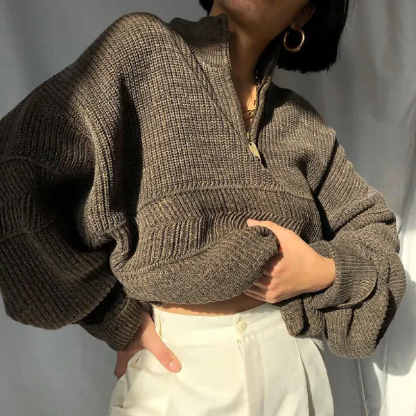 Fashion zip stand collar brown loose sweater - Leanarea.chimpone.com 