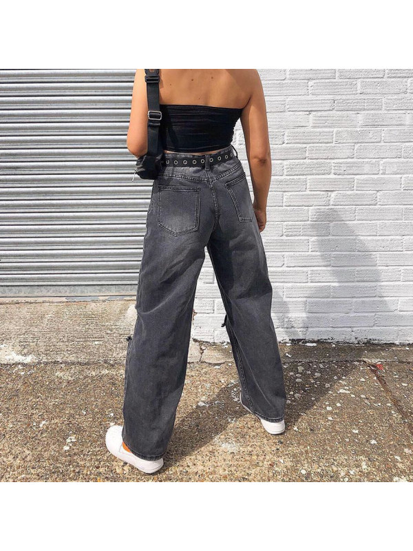 fashionable casual solid color ripped loose jeans