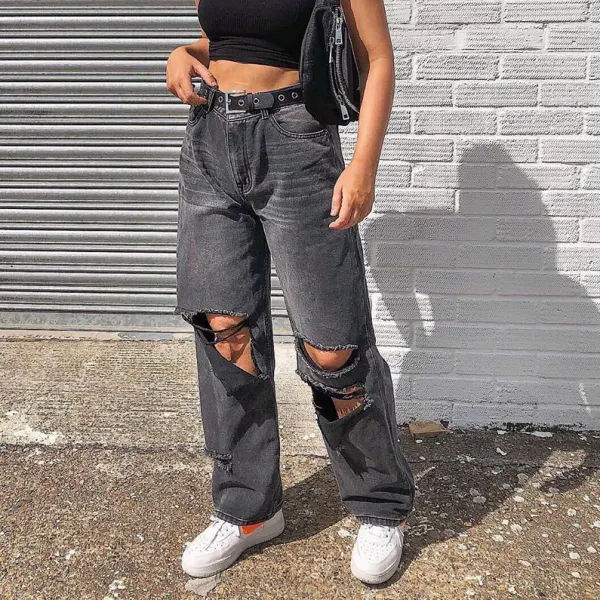 Fashionable casual solid color ripped loose jeans - Leanarea.chimpone.com 