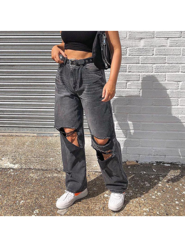 fashionable casual solid color ripped loose jeans