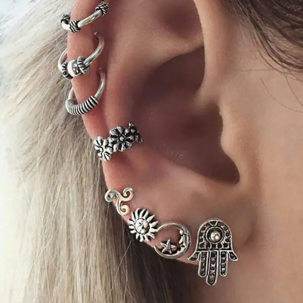 Retro Fashion Sun Moon Ear Stud Asymmetric Earring Set - Leanarea.chimpone.com 