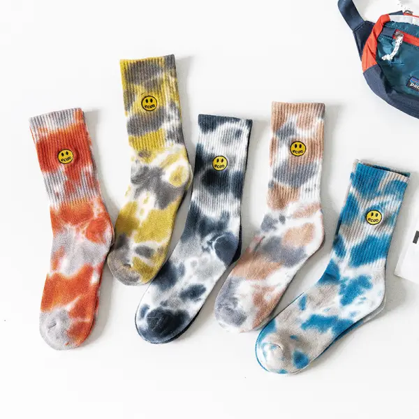 Skateboard tie-dyed embroidery smiley face tide socks - Leanarea.chimpone.com 