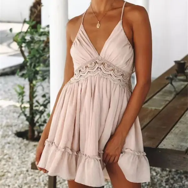 Sweet sexy lace open back stitching suspender dress - Leanarea.chimpone.com 