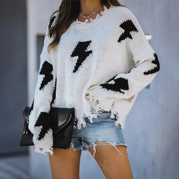 Casual Long Sleeve Fringed Sweater Lightning Pattern Pullover Sweater - Leanarea.chimpone.com 