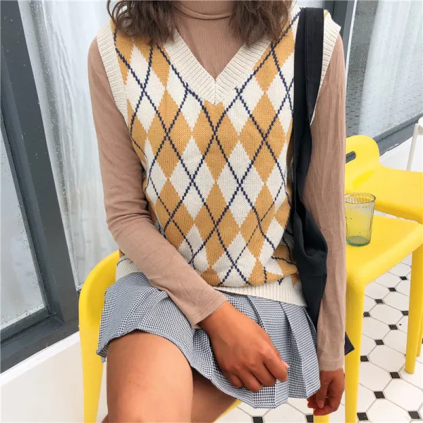 Vintage iDamond Check Woolen Vest - Leanarea.chimpone.com 