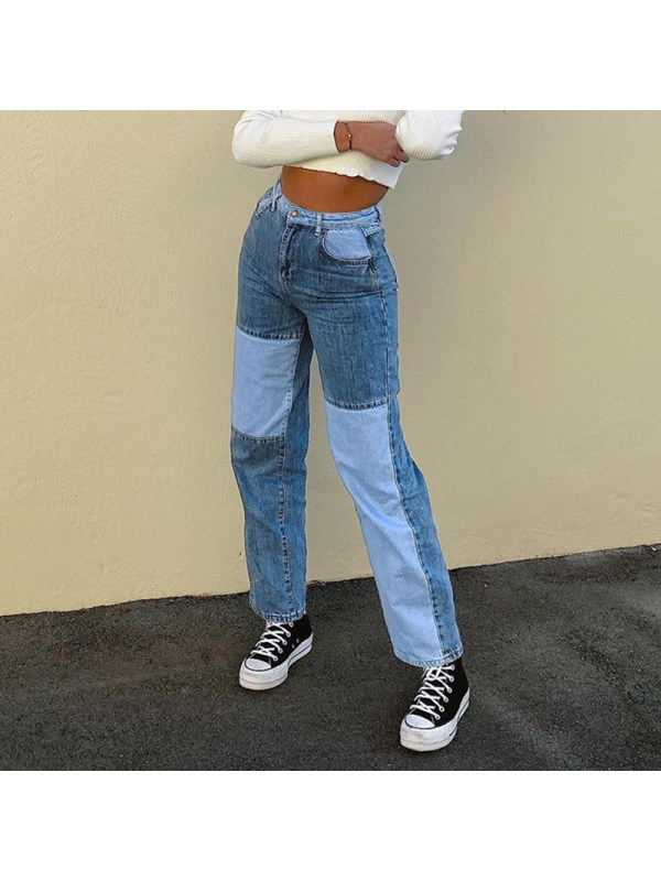 Women's casual all-match stitching contrast straight-leg slim jeans - Inkshe.com 