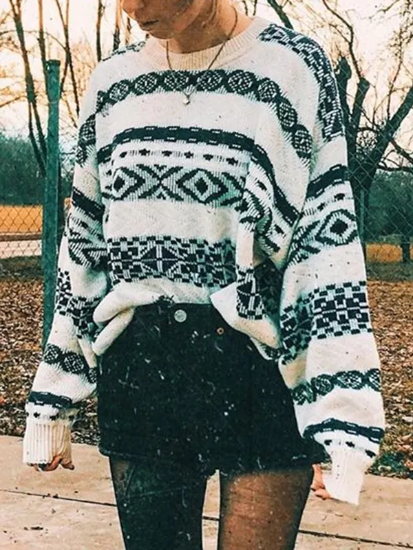 Vintage Casual Long Sleeve Knitted Sweater - Inkshe.com 