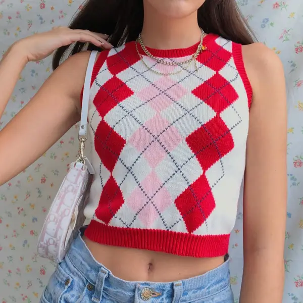 Diamond check print all-match sleeveless woolen vest women - Leanarea.chimpone.com 