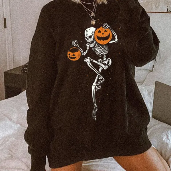 Basic long-sleeved sweatshirt with skull pumpkin print - Leanarea.chimpone.com 