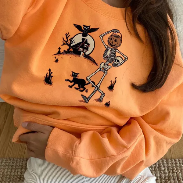 Halloween pumpkin skull print retro long sleeve sweatshirt - Leanarea.chimpone.com 