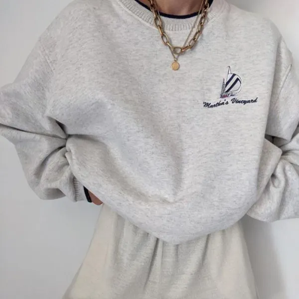 Ladies casual retro crew neck sail pattern loose sweatshirt - Leanarea.chimpone.com 
