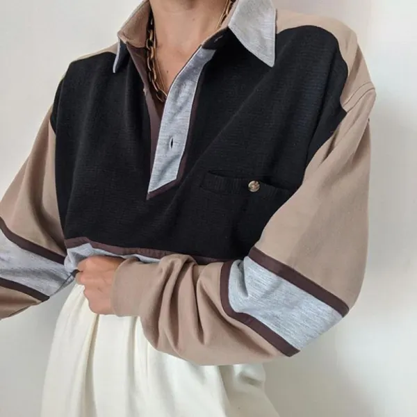 Ladies casual retro contrast color stitching polo collar loose sweatshirt - Leanarea.chimpone.com 