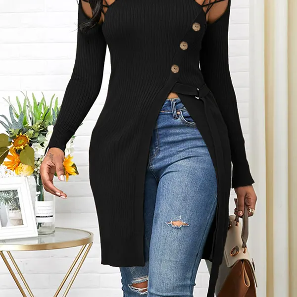 Sexy cross tie cutout shoulder buttons side slit round neck long sleeve sweater - Leanarea.chimpone.com 