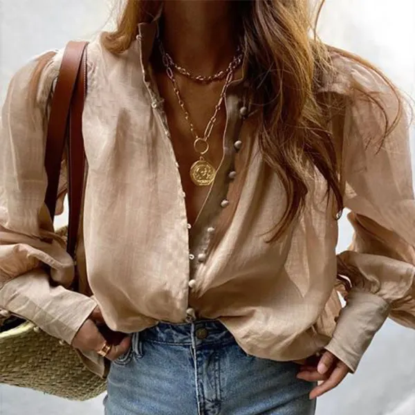 Ladies casual retro puff sleeve loose shirt top - Leanarea.chimpone.com 